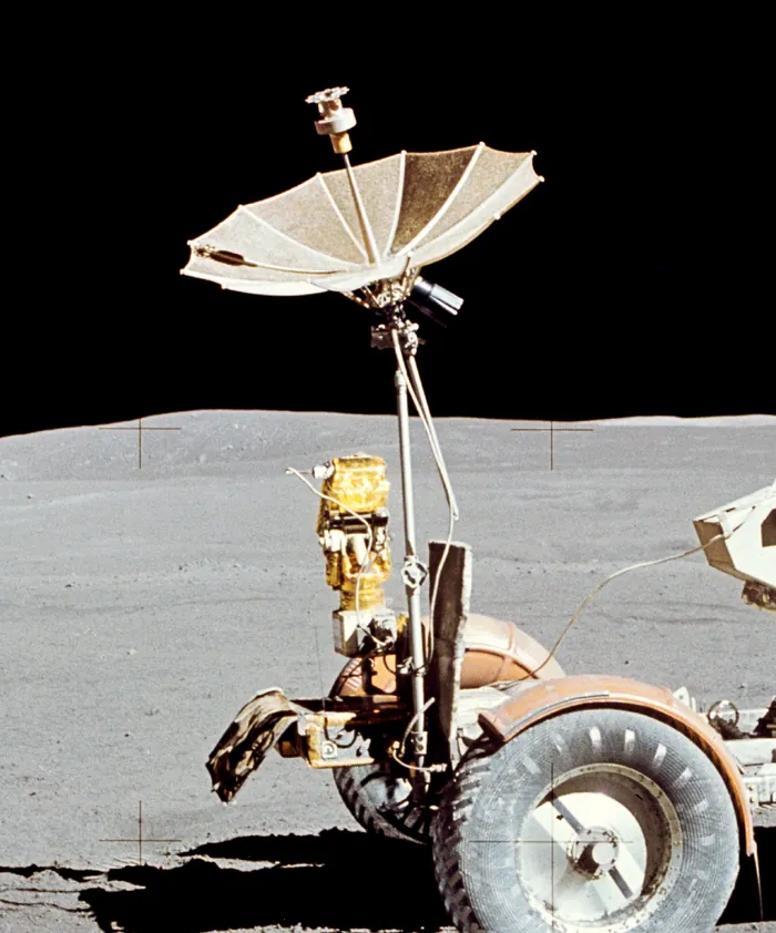 Close view of the rover’s high-gain antenna and its foil-wrapped instrument package.